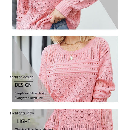 Women's Autumn Fashion Sweater Round Neck Sexy Hollow Pullover Sweater Solid Color Diamond Hollow Pullover Top