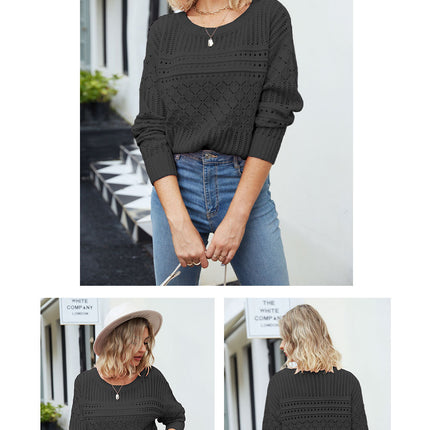 Women's Autumn Fashion Sweater Round Neck Sexy Hollow Pullover Sweater Solid Color Diamond Hollow Pullover Top