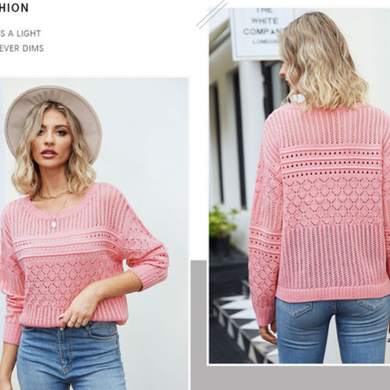 Women's Autumn Fashion Sweater Round Neck Sexy Hollow Pullover Sweater Solid Color Diamond Hollow Pullover Top