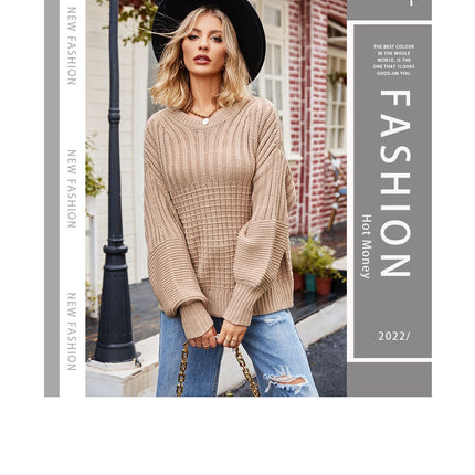 Women's fall and winter casual long-sleeved solid color drop shoulder lantern sleeve knit sweater round neck loose knit pullover tops