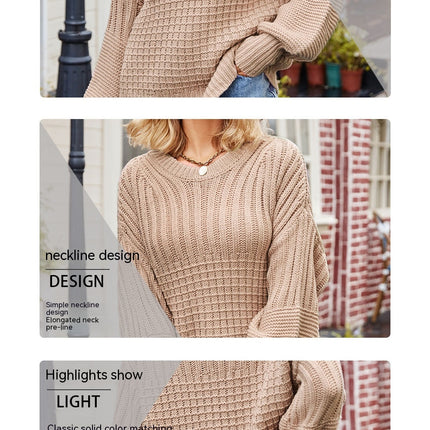 Women's fall and winter casual long-sleeved solid color drop shoulder lantern sleeve knit sweater round neck loose knit pullover tops