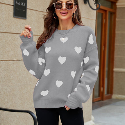 Women's Love Pattern Knit Sweater Loose Fashion Long Sleeve Round Neck Casual Women's Knit Pullover Top