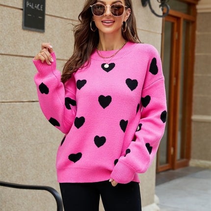 Women's Love Pattern Knit Sweater Loose Fashion Long Sleeve Round Neck Casual Women's Knit Pullover Top