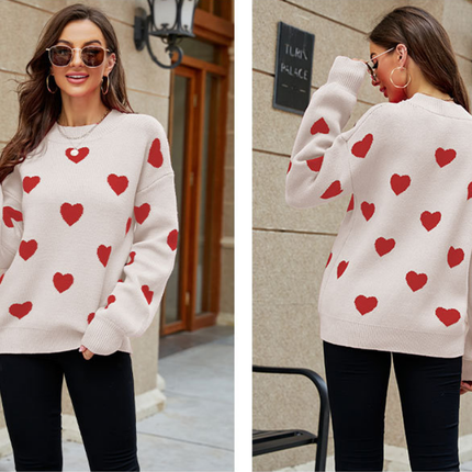 Women's Love Pattern Knit Sweater Loose Fashion Long Sleeve Round Neck Casual Women's Knit Pullover Top