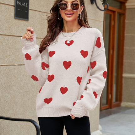 Women's Love Pattern Knit Sweater Loose Fashion Long Sleeve Round Neck Casual Women's Knit Pullover Top