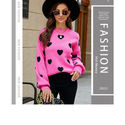 Women's Love Pattern Knit Sweater Loose Fashion Long Sleeve Round Neck Casual Women's Knit Pullover Top