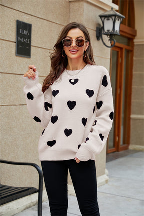 Women's Love Pattern Knit Sweater Loose Fashion Long Sleeve Round Neck Casual Women's Knit Pullover Top