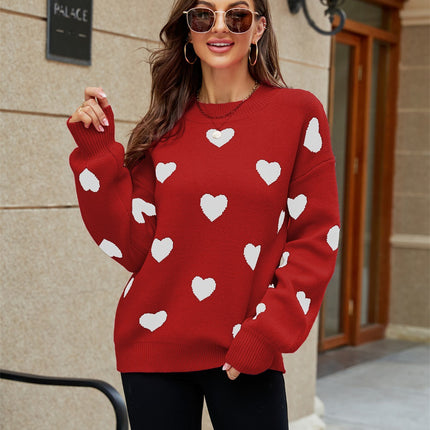 Women's Love Pattern Knit Sweater Loose Fashion Long Sleeve Round Neck Casual Women's Knit Pullover Top