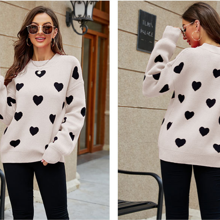 Women's Love Pattern Knit Sweater Loose Fashion Long Sleeve Round Neck Casual Women's Knit Pullover Top