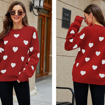 Women's Love Pattern Knit Sweater Loose Fashion Long Sleeve Round Neck Casual Women's Knit Pullover Top