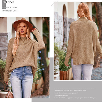 Autumn and Winter Women's Solid Color Half High Neck Loose Knit Sweater Fashion Drop Shoulder Sleeve Big Size Sweater Top