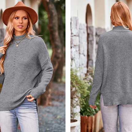 Autumn and Winter Women's Solid Color Half High Neck Loose Knit Sweater Fashion Drop Shoulder Sleeve Big Size Sweater Top