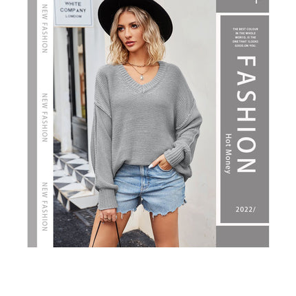 Women's Fall Shirt Oversized Fashion V-Neck Sweater Casual Drop Shoulder Sweater Long Sleeve Pullover