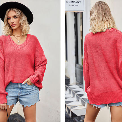 Women's Fall Shirt Oversized Fashion V-Neck Sweater Casual Drop Shoulder Sweater Long Sleeve Pullover