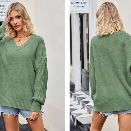 Women's Fall Shirt Oversized Fashion V-Neck Sweater Casual Drop Shoulder Sweater Long Sleeve Pullover