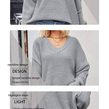 Women's Fall Shirt Oversized Fashion V-Neck Sweater Casual Drop Shoulder Sweater Long Sleeve Pullover