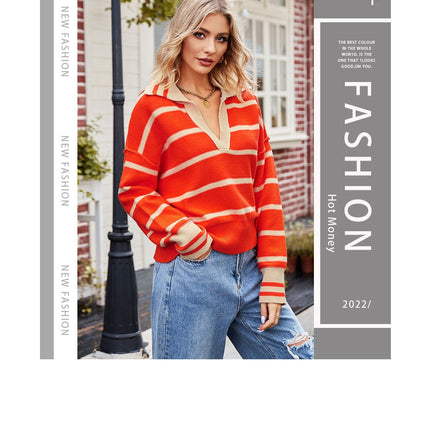 Women's Striped Pullover Sweater Autumn and Winter Lapel Splicing Color Blocking V-Neck Loose Knit Pullover Sweater Top