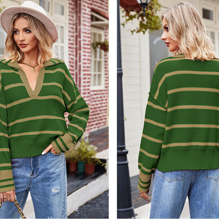 Women's Striped Pullover Sweater Autumn and Winter Lapel Splicing Color Blocking V-Neck Loose Knit Pullover Sweater Top