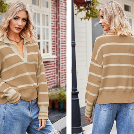 Women's Striped Pullover Sweater Autumn and Winter Lapel Splicing Color Blocking V-Neck Loose Knit Pullover Sweater Top