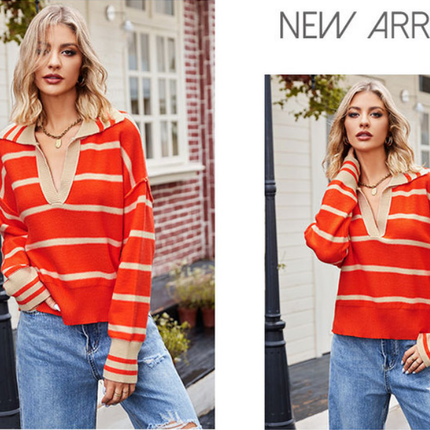 Women's Striped Pullover Sweater Autumn and Winter Lapel Splicing Color Blocking V-Neck Loose Knit Pullover Sweater Top