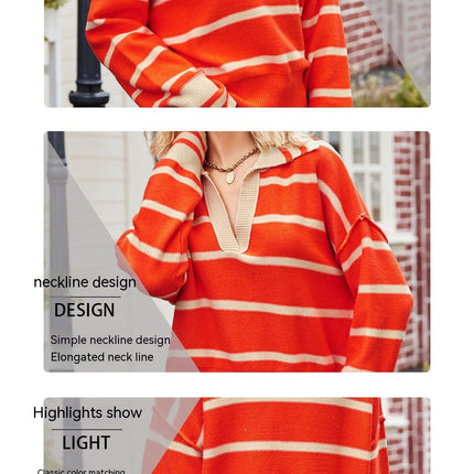 Women's Striped Pullover Sweater Autumn and Winter Lapel Splicing Color Blocking V-Neck Loose Knit Pullover Sweater Top