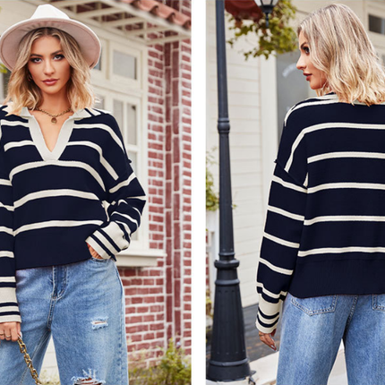 Women's Striped Pullover Sweater Autumn and Winter Lapel Splicing Color Blocking V-Neck Loose Knit Pullover Sweater Top