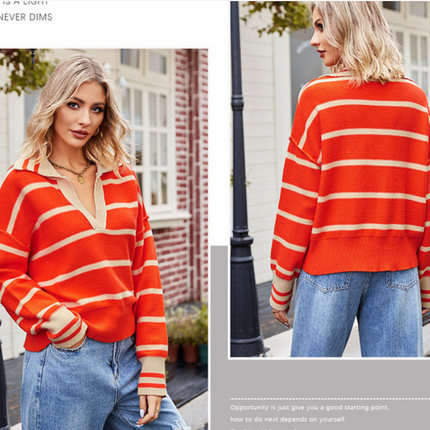 Women's Striped Pullover Sweater Autumn and Winter Lapel Splicing Color Blocking V-Neck Loose Knit Pullover Sweater Top