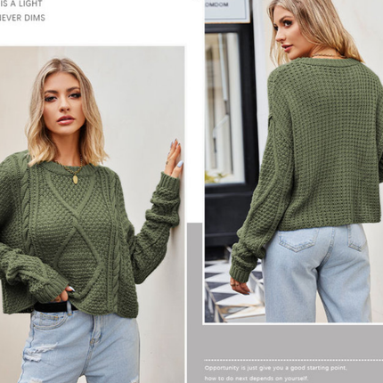 Women's Knit Tops Autumn Loose Knit Short Tops Twisted Button Rope Knit Knit Crew Neck Pullover Sweater