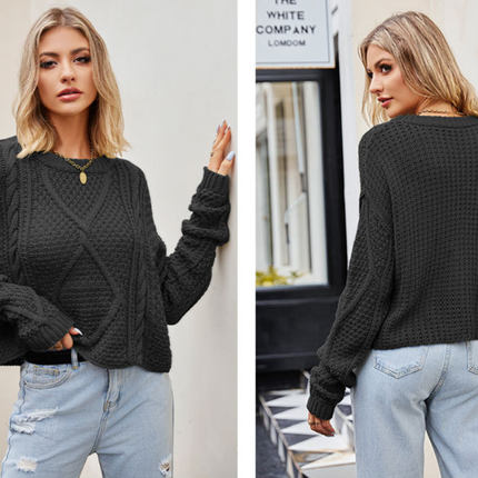 Women's Knit Tops Autumn Loose Knit Short Tops Twisted Button Rope Knit Knit Crew Neck Pullover Sweater