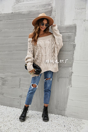 Women's Casual Long Sleeve Strapless Knit Sweater Hollow Out One-Line Collar Solid Color Knit Sweater Pullover Loose Autumn Sweater