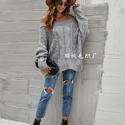 Women's Casual Long Sleeve Strapless Knit Sweater Hollow Out One-Line Collar Solid Color Knit Sweater Pullover Loose Autumn Sweater