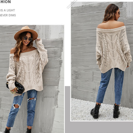 Women's Casual Long Sleeve Strapless Knit Sweater Hollow Out One-Line Collar Solid Color Knit Sweater Pullover Loose Autumn Sweater