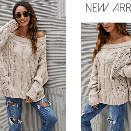 Women's Casual Long Sleeve Strapless Knit Sweater Hollow Out One-Line Collar Solid Color Knit Sweater Pullover Loose Autumn Sweater