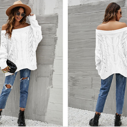 Women's Casual Long Sleeve Strapless Knit Sweater Hollow Out One-Line Collar Solid Color Knit Sweater Pullover Loose Autumn Sweater