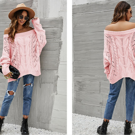 Women's Casual Long Sleeve Strapless Knit Sweater Hollow Out One-Line Collar Solid Color Knit Sweater Pullover Loose Autumn Sweater