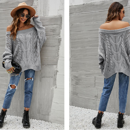 Women's Casual Long Sleeve Strapless Knit Sweater Hollow Out One-Line Collar Solid Color Knit Sweater Pullover Loose Autumn Sweater