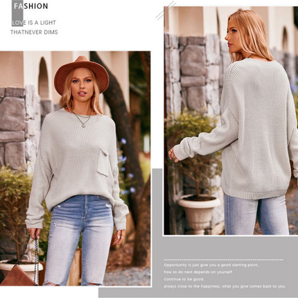 Women's Bat Sleeve Sweater Half Turtleneck Sweater Solid Color Pocket Pullover Sweater Women's Loose Sweater