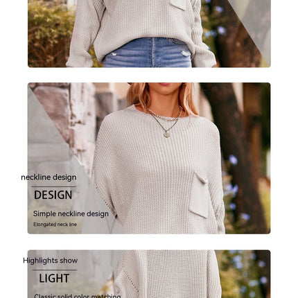 Women's Bat Sleeve Sweater Half Turtleneck Sweater Solid Color Pocket Pullover Sweater Women's Loose Sweater