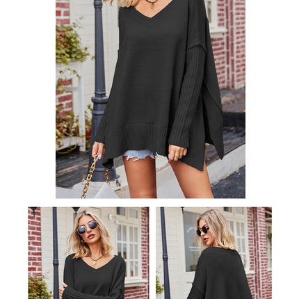 Large Women's Sweater Trendy V-Neck Pullover Split Hem Line Knit Sweater Casual Loose Long Sleeve Top