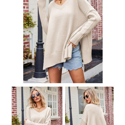 Large Women's Sweater Trendy V-Neck Pullover Split Hem Line Knit Sweater Casual Loose Long Sleeve Top