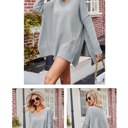 Large Women's Sweater Trendy V-Neck Pullover Split Hem Line Knit Sweater Casual Loose Long Sleeve Top