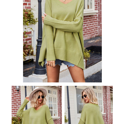 Large Women's Sweater Trendy V-Neck Pullover Split Hem Line Knit Sweater Casual Loose Long Sleeve Top