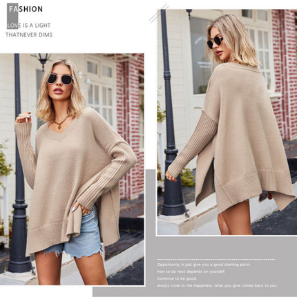 Large Women's Sweater Trendy V-Neck Pullover Split Hem Line Knit Sweater Casual Loose Long Sleeve Top