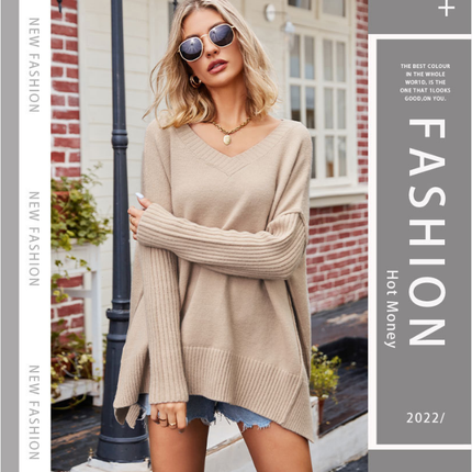 Large Women's Sweater Trendy V-Neck Pullover Split Hem Line Knit Sweater Casual Loose Long Sleeve Top