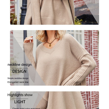 Large Women's Sweater Trendy V-Neck Pullover Split Hem Line Knit Sweater Casual Loose Long Sleeve Top