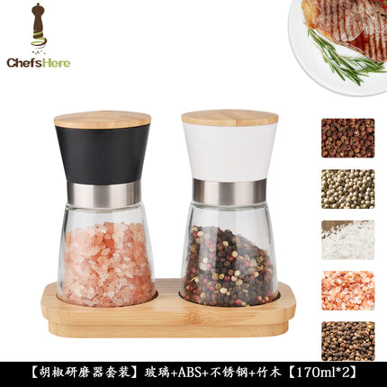 Bamboo Lid Manual Salt and Pepper Mill Set - Adjustable Coarse and Fine Pepper Grinder Pepper Grill Grinders