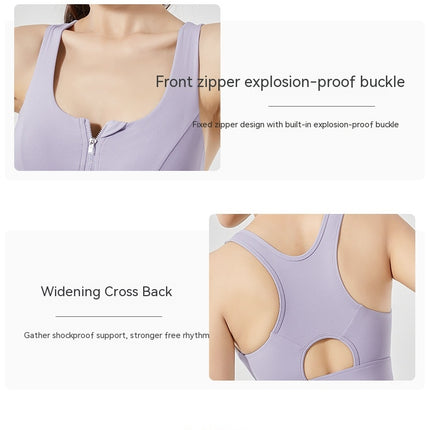 Front Zipper Sports Underwear Shockproof High Strength One-piece Fixed Cup Outer Wear Back Fitness Yoga Back Heart Bra