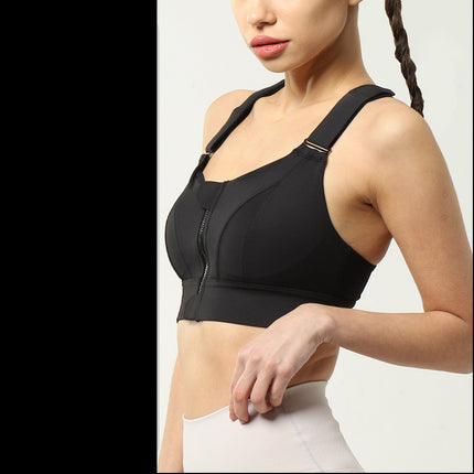 Sports Bra Fixed Breast Pads Zipper Front Women's Bra with Adjustable Straps Cross Back Support Fitness Bra