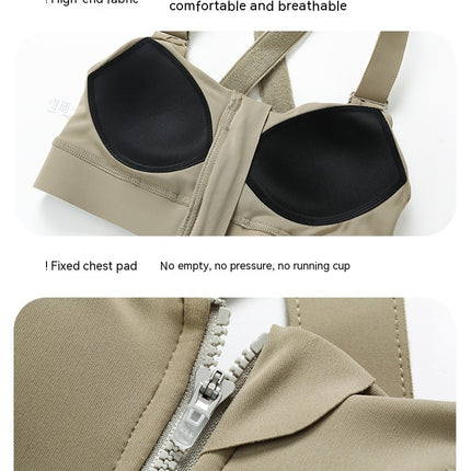 Sports Bra Fixed Breast Pads Zipper Front Women's Bra with Adjustable Straps Cross Back Support Fitness Bra