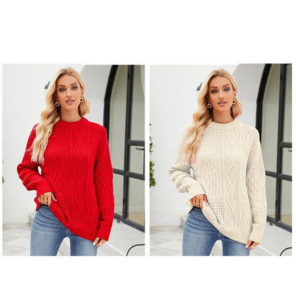 Women's fall and winter fashion pullover knit sweater half-high neck long-sleeved twist pattern knit sweater casual lazy wind pullover sweater tops